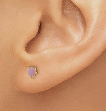 Heart Purple Enamel Ear Stud in Yellow Gold 14k on ear