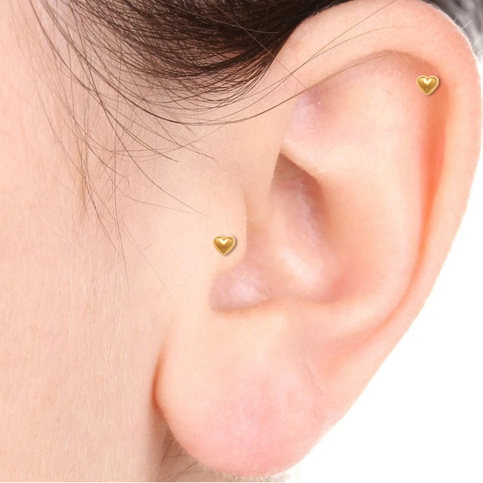 18K Golden Heart Threaded Stud w/Dome Back on the  ear