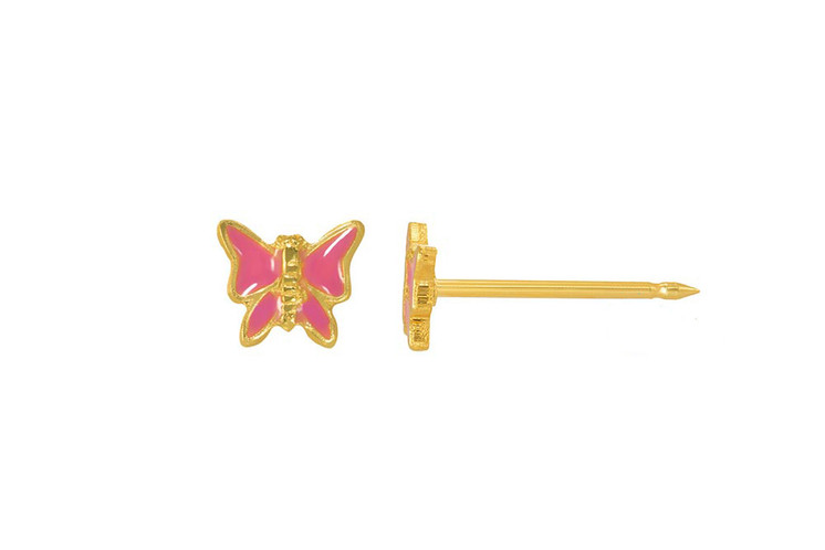 Pink Enamel Butterfly in Yellow Gold Plated Medical grade Surgical Steel Ear Stud