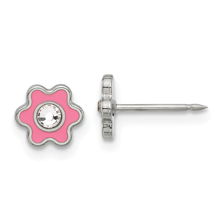 Pink Enamel Flower Ear Stud with CZ