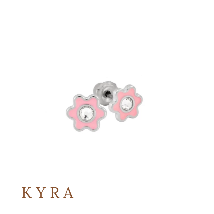 Pink Enamel Flower Ear Stud with CZ