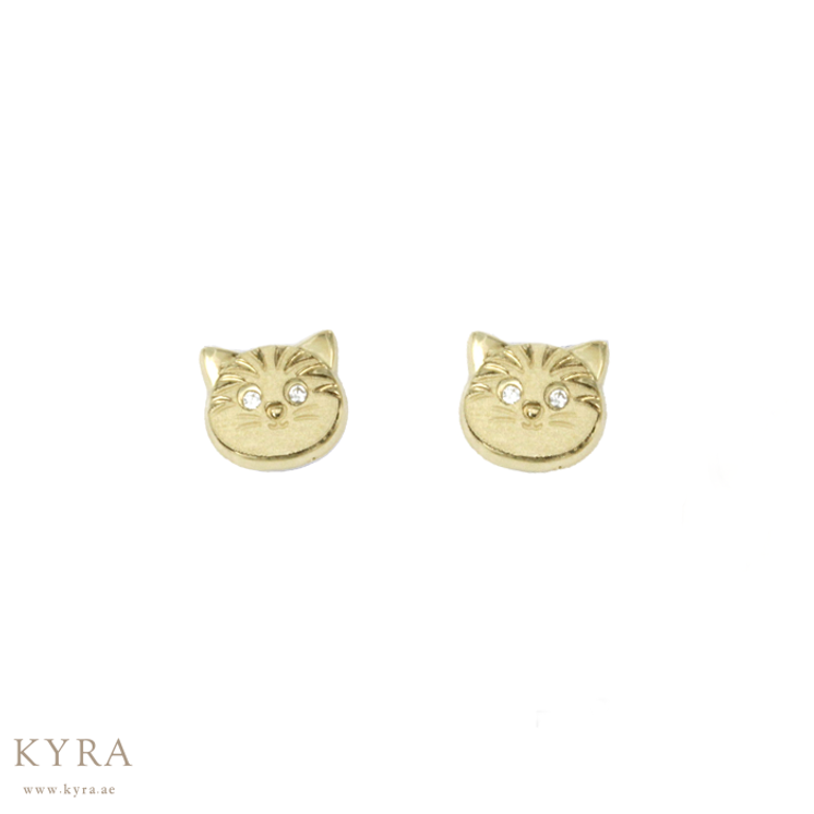 Golden Pussy Cat CZ ear studs in 18K Gold with threaded bell back