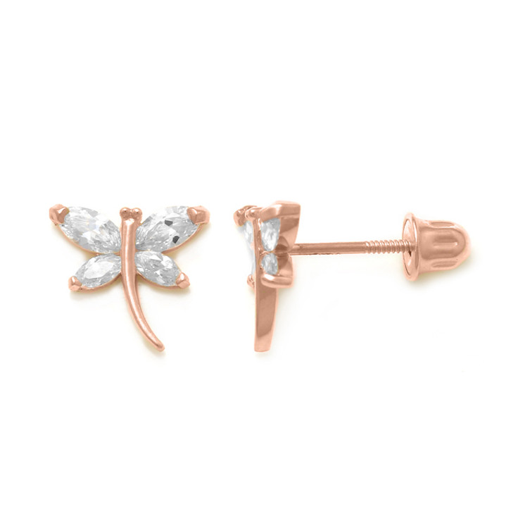 Dragon Fly CZ  ear studs in 18K Gold with threaded bell back