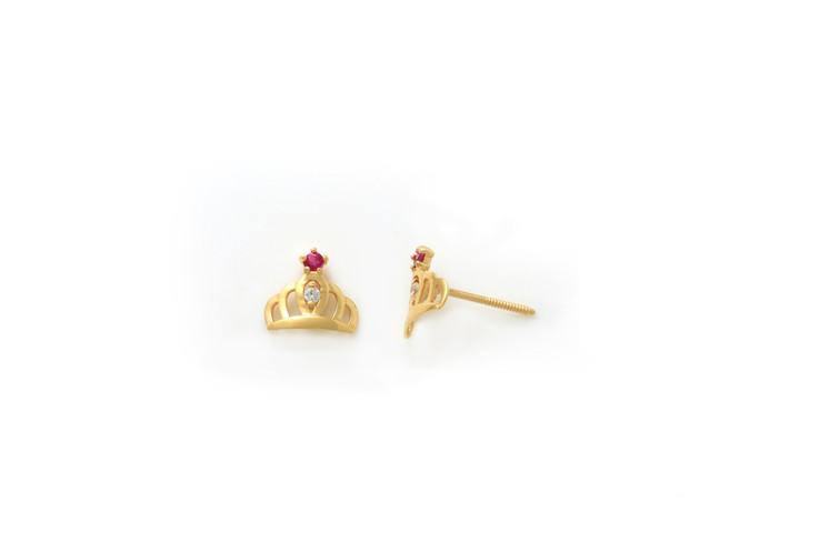 Crown CZ with RUBY ear studs in 18K Gold with threaded bell back