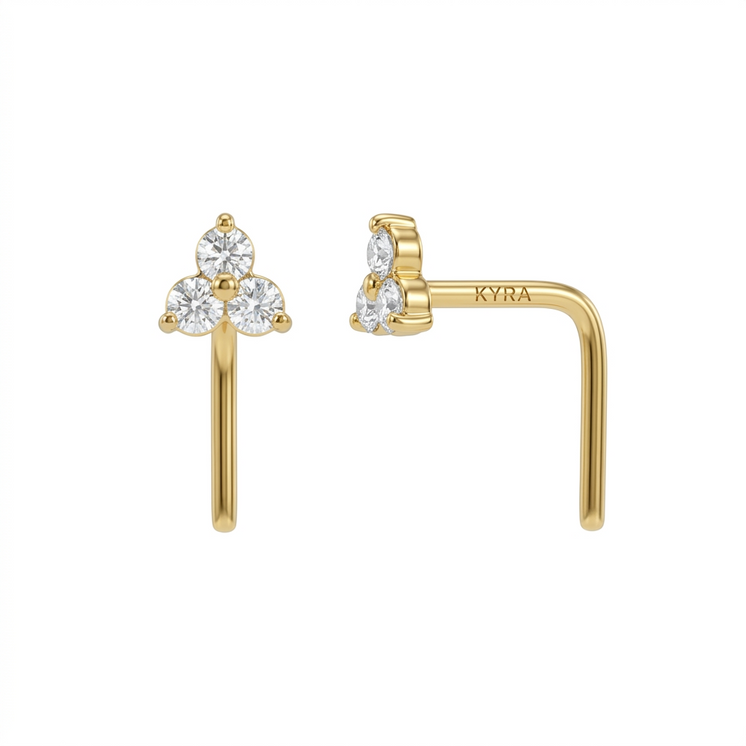 18K "L" Nose Pin with Ball End Tiny CZ Trinity