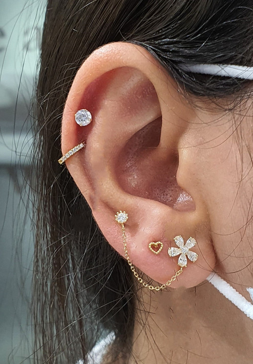 Blossom Linked Chain 3mm Beaded ear studs in 18K Gold