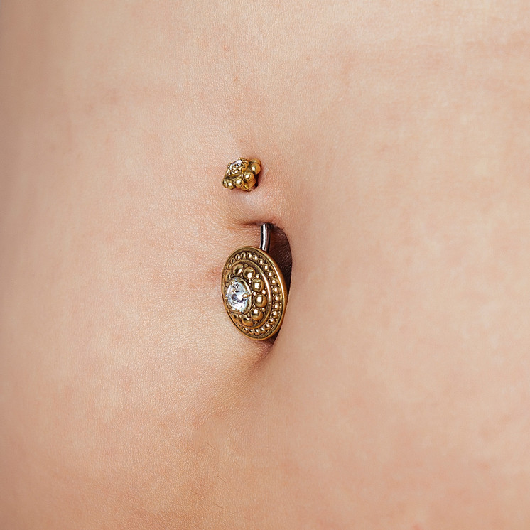 Brass motif w/ Medical Grade Surgical Steel Banana Barbell with 2 CZ