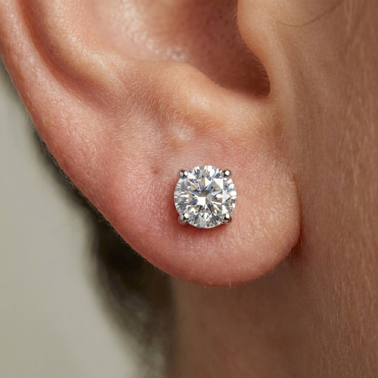 18K Yellow Gold 8mm Round CZ Ear Studs with protective silicone backs  on adult ear-lobe