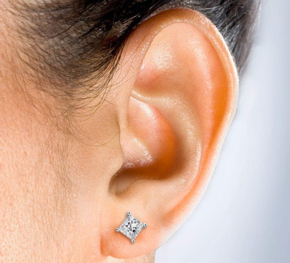 Solid 18K Gold Square CZ Ear Studs with Safety backs
