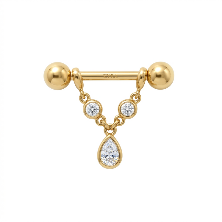 Yellow Gold CZ Pear Dangling Hidden Helix Bar