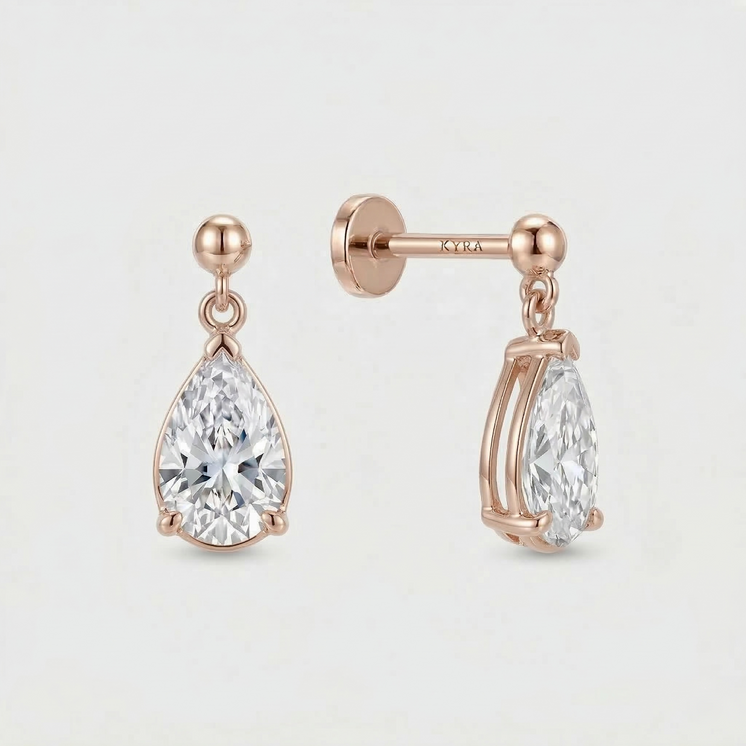 CZ Tear Drop Dangling Threaded Top in 14K Rose Gold