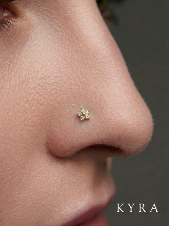 Solid Gold L Nose Pin Flower CZ  5 petal w/ Ball End
