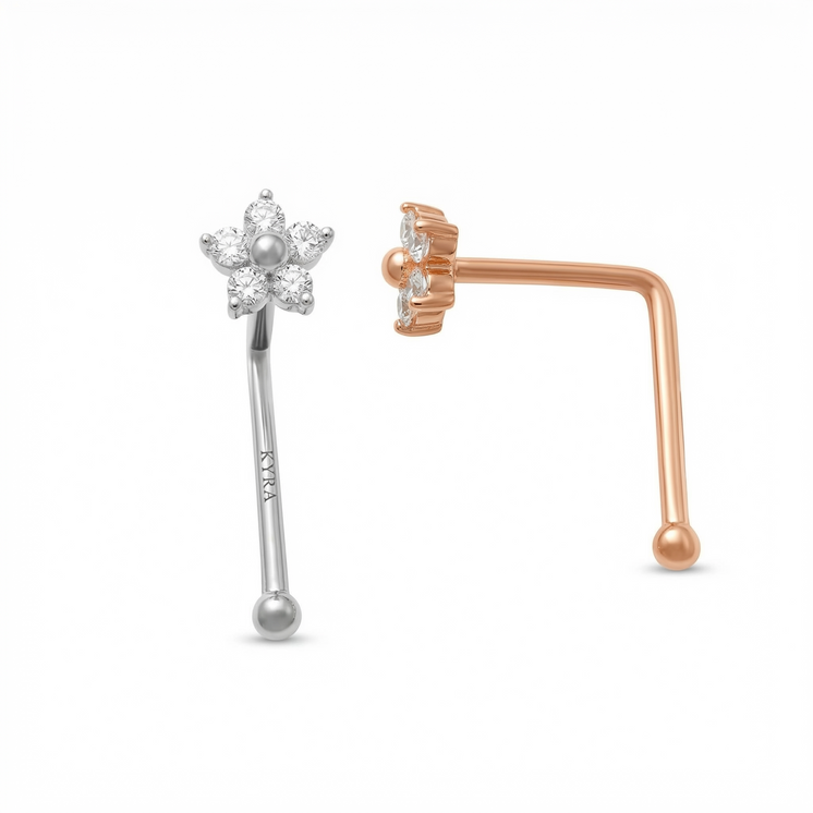 Solid Gold L Nose Pin Flower CZ  5 petal w/ Ball End