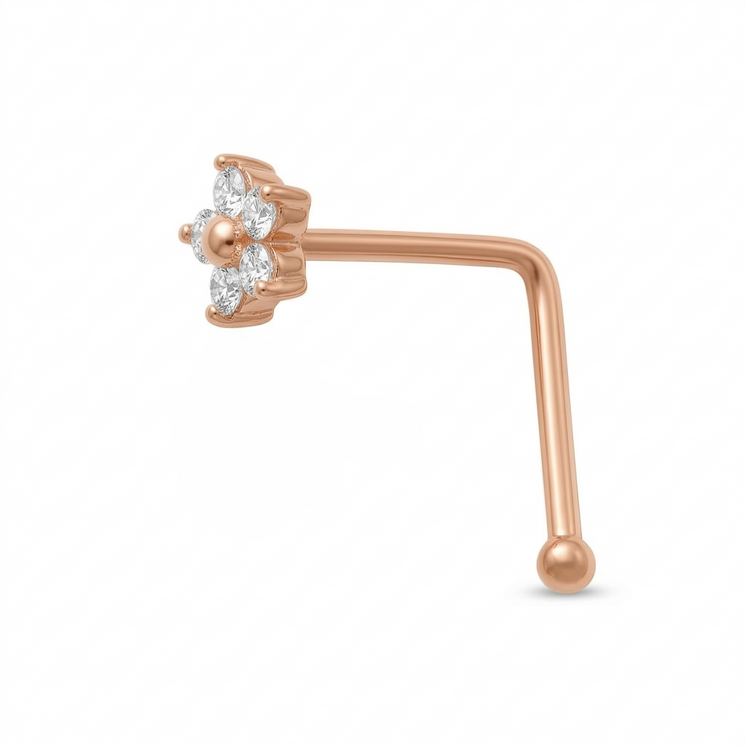 Solid Gold L Nose Pin Flower CZ  5 petal w/ Ball End
