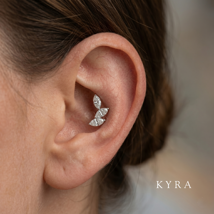 Leaf Vine Marquise CZ Threaded Stud on Adult Ear Conch