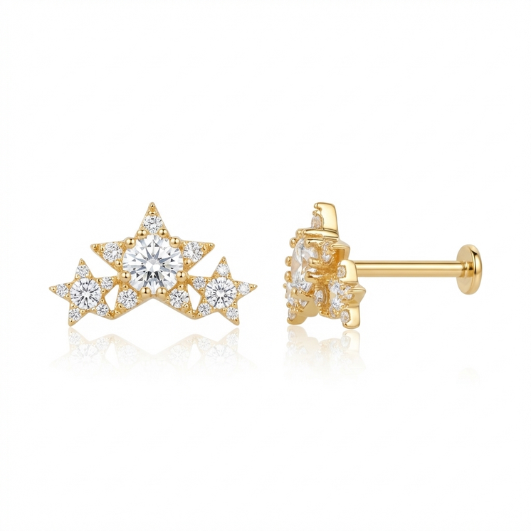 Graduating 3 Star with CZ Threaded Stud(Medium) in Yellow Gold