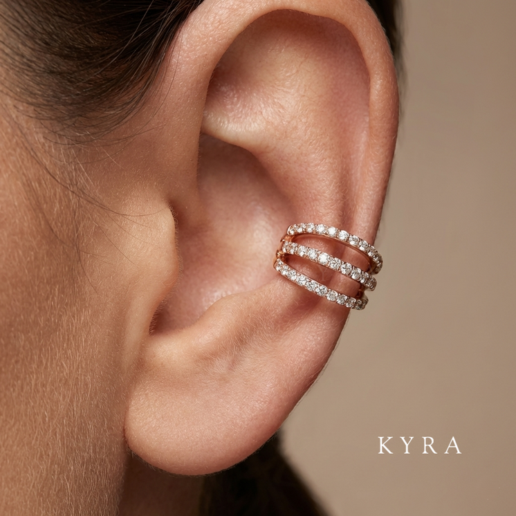 8mm, 3 Row Split CZ Hoop Earring on Ear Conch