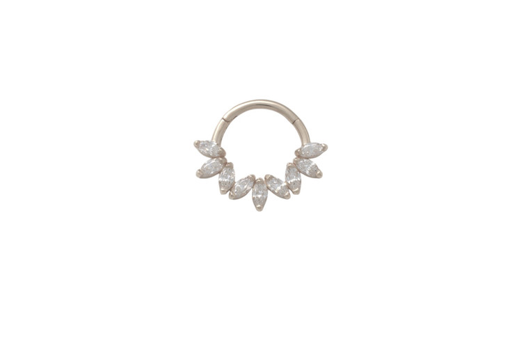 14K Solid White Gold 3 Tulip Clicker w/ CZ Marquise
