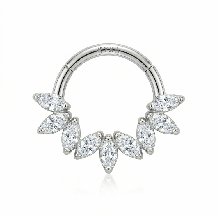 14K Solid Gold 3 Tulip Daith & septum Clicker w/ CZ Marquise in White Gold