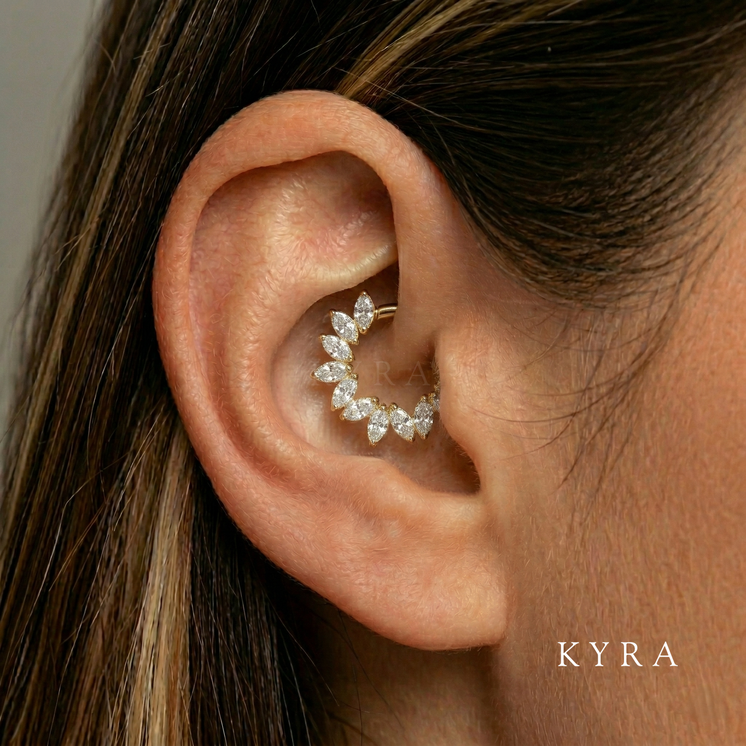 Gold 3 Tulip Daith & septum Clicker w/ CZ Marquise in Yellow Gold on a Daith Piercing