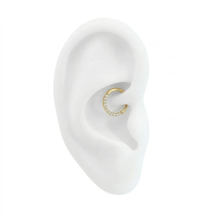 18K Gold Septum & Daith Clicker w/ CZ  8mm inserted in Daith