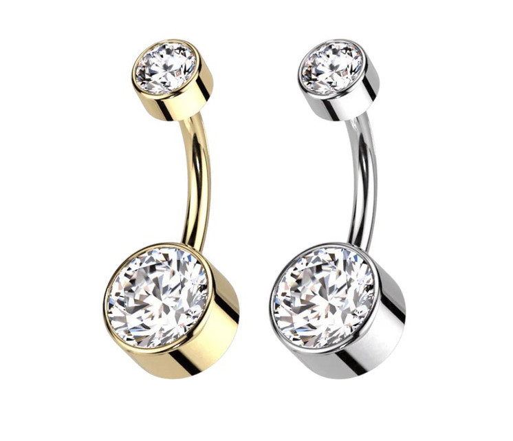 French Bezel CZ Titanium Belly Barbell – 14 G, Internally Threaded, Sparkling CZ