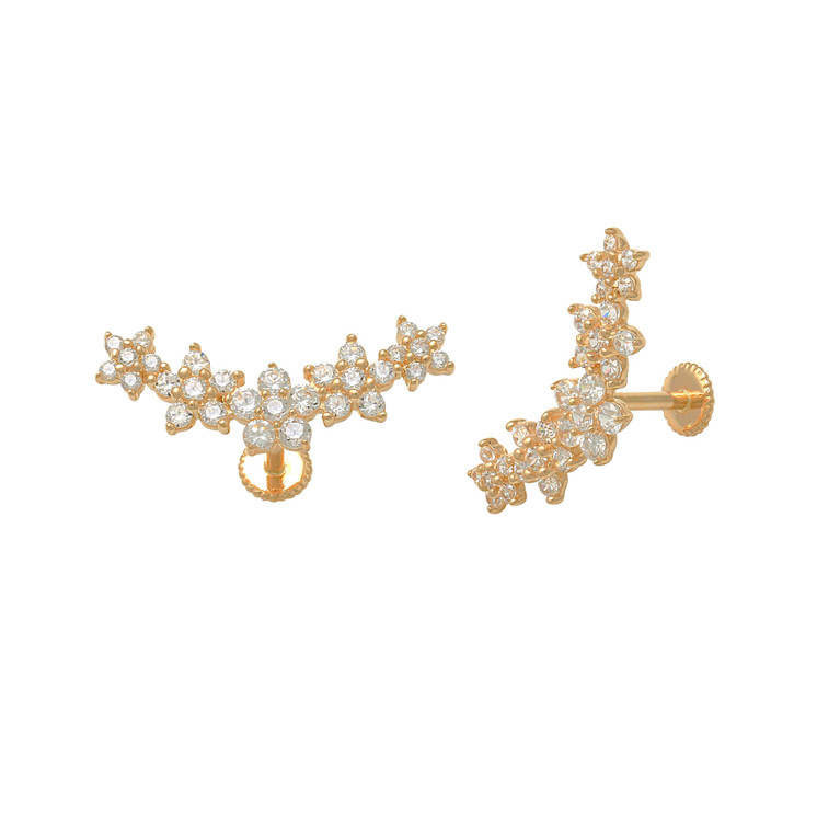 14K Rose gold graduating 5-flower cluster garland ear stud with cubic zirconia stones