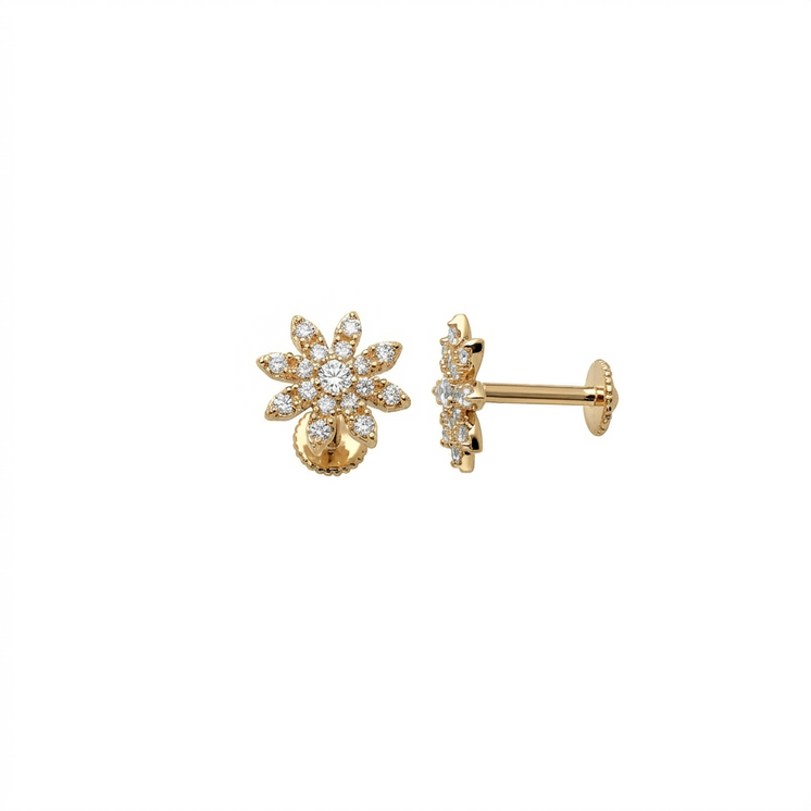 18K Yellow Gold Flower CZ Threaded Stud