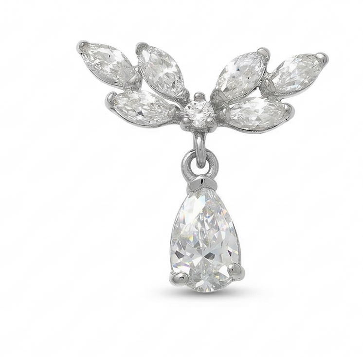 Angel Wing w/dangling CZ pear solid white gold Curved bar