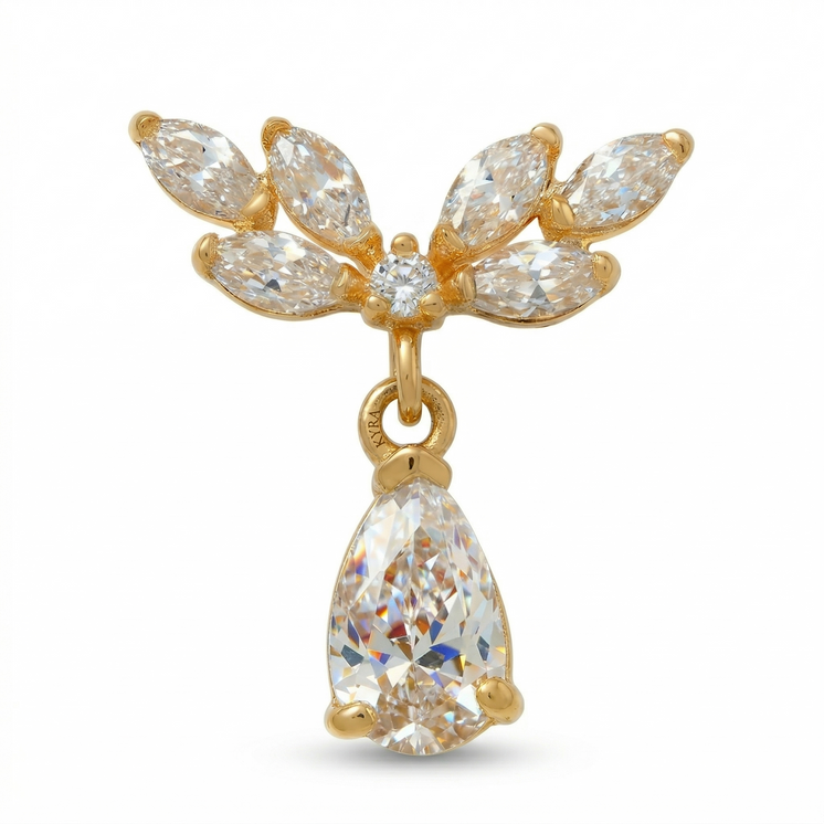 Angel Wing w/dangling CZ pear solid yellow gold Curved bar