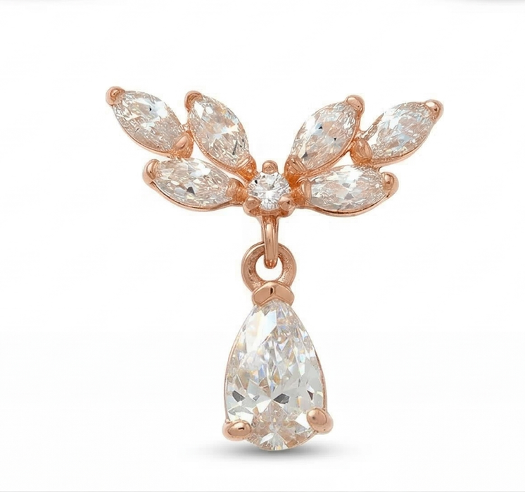 Angel Wing w/dangling CZ pear solid Rose gold Curved bar