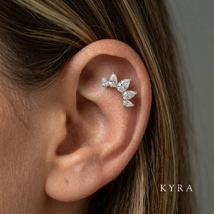 Graduating Pear Crown CZ w/Floating curved barbel in 14K Gold