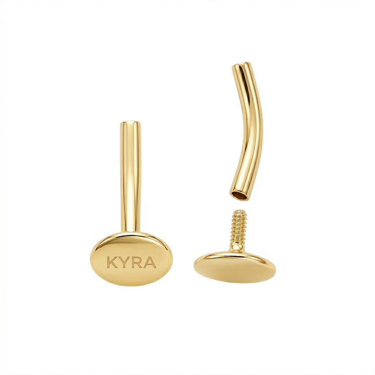 Curved yellow gold barbel w/ threaded disc