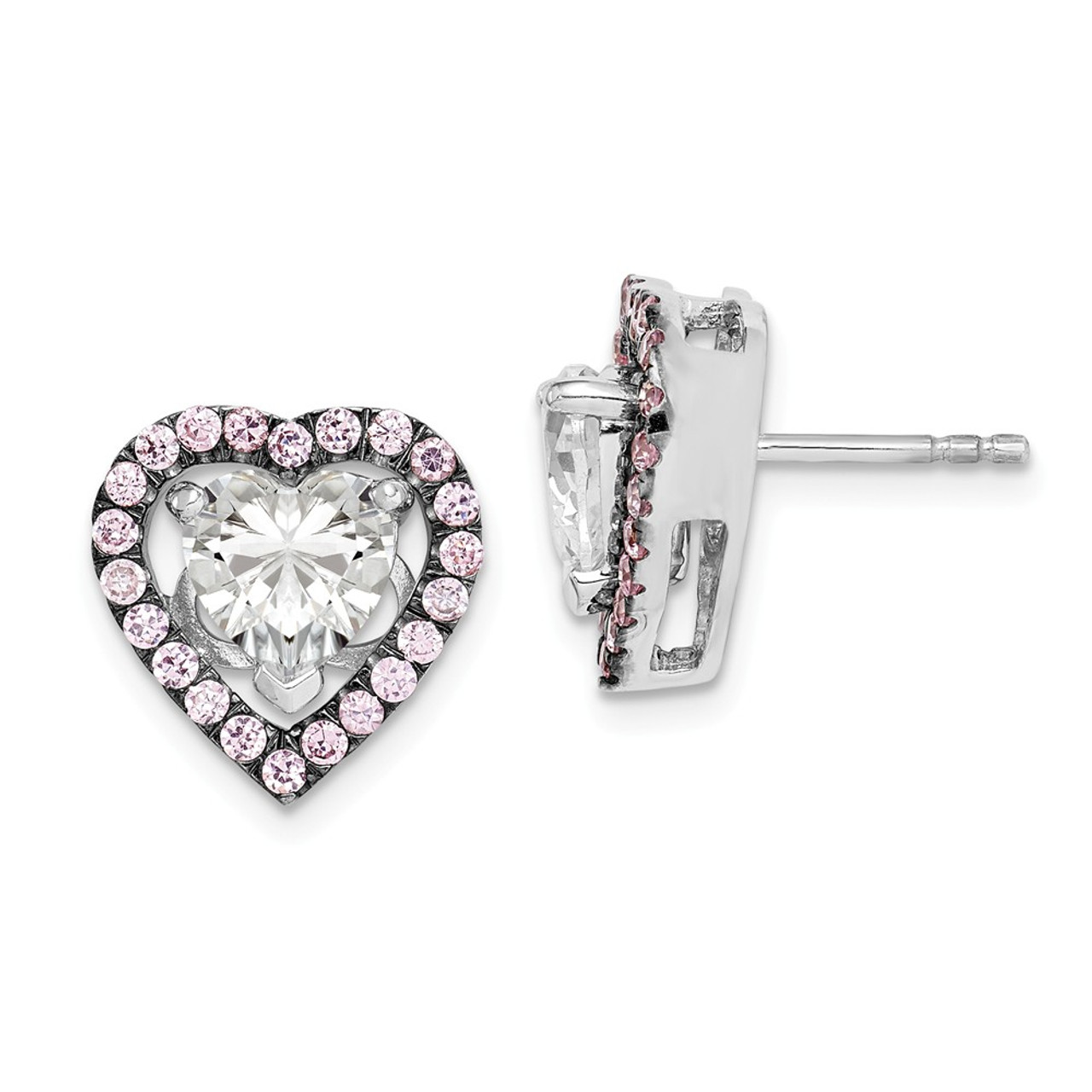 Sterling Silver Rhodium-plated 7mm Heart CZ Earrings & Pink Heart Jackets