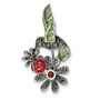 Sterling Silver Antiqued Epoxy/Marcasite/Red Glass Ladybug Flower Pin