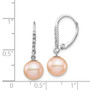 14k White Gold 8-9mm Pink FWC Pearl .05ct Diamond Leverback Earrings