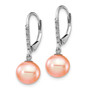 14k White Gold 8-9mm Pink FWC Pearl .05ct Diamond Leverback Earrings