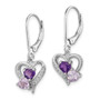 Sterling Silver Rhodium Amethyst & Pink Quartz & Diamond Heart Earrings