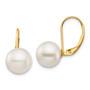 14K 9-10mm White Round Freshwater Cultured Pearl Leverback Earrings