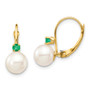14K 7-7.5mm White Round FWC Pearl Emerald Leverback Earrings