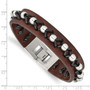 Stainless Steel Brown Leather with Polished Beads Bracelet