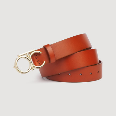 Cognac Brown Leather Belt with Gold Buckle