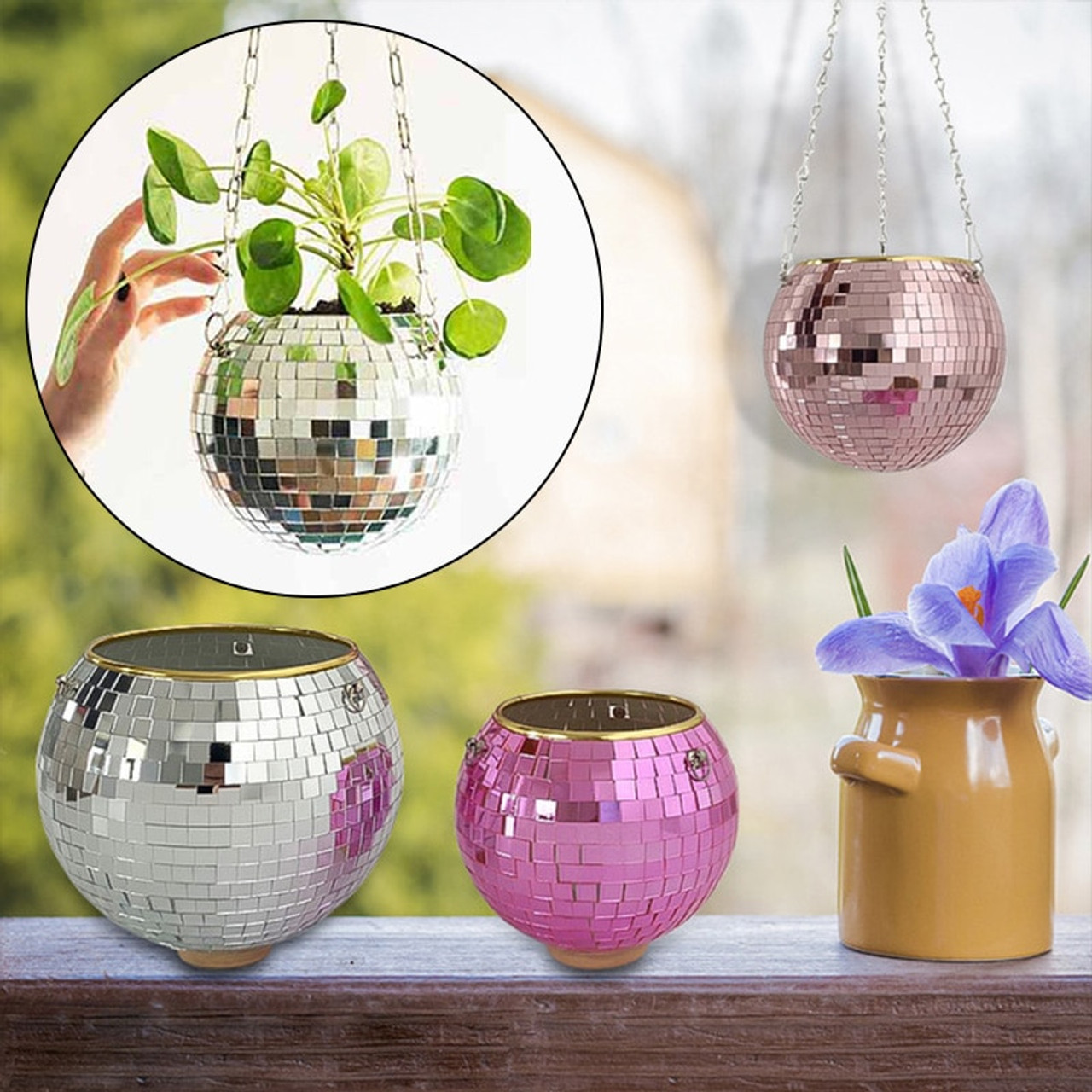 Disco ball plant pot holder - flower mirrorball for hanging with 20 cm  diameter