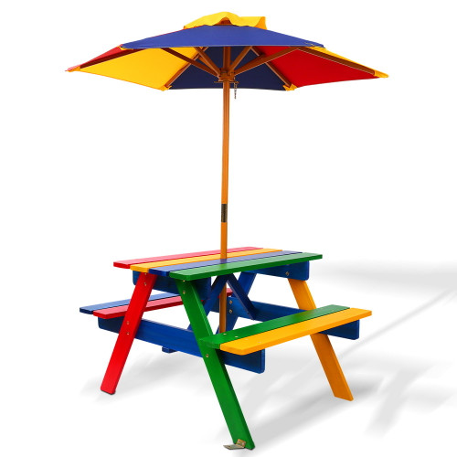 Kids Rainbow Outdoor Wooden Picnic Table Set with Umbrella