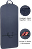Full length view of navy garment bag showing 1 bottom pocket with callouts on features Full length view of navy garment bag showing 1 bottom pocket with callouts on features