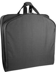Garment bag folded in half to carry by handles.