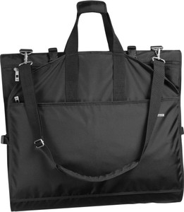 Garment bag folded to carry by handles or shoulder strap Garment bag folded to carry by handles or shoulder strap