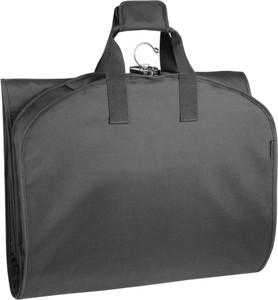 Tri-folded  view of black garment bag to carry by handles. Tri-folded  view of black garment bag to carry by handles.