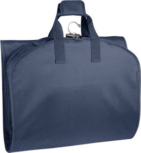 Tri-folded  view of navy garment bag to carry by handles. Tri-folded  view of navy garment bag to carry by handles.