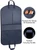 Full length view of garment bag showing callouts of features and water repellent and shoe pocket navy